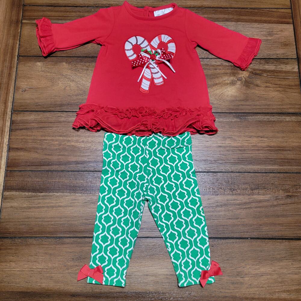 2 Pc Rare Editions Infant Christmas Outfit Candy Cane Top Green Pants -Size 6-9M